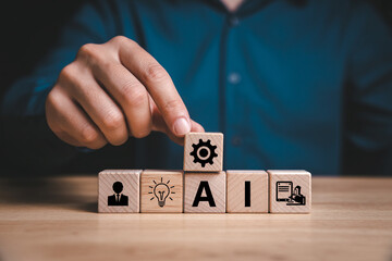 Ai artificial intelligence technology concept with wooden blocks and gear icon for automation