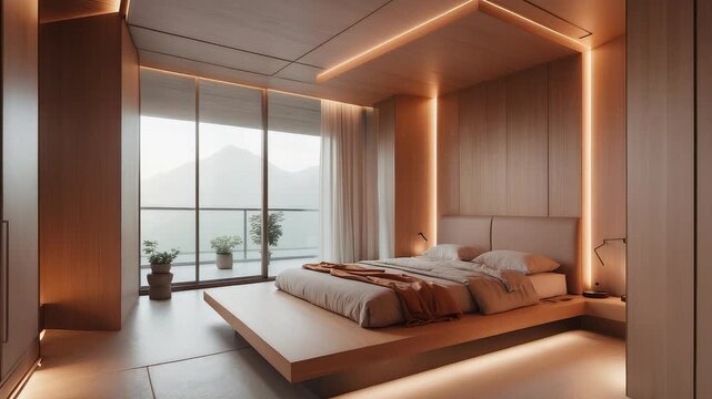 Modern minimalist bedroom interior with warm wooden walls, platform bed, soft lighting, large windows and mountain view creating cozy ambiance