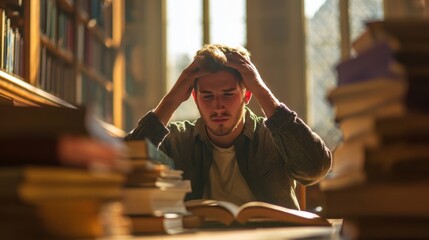 The student struggling with overwhelming study material amid towering books.