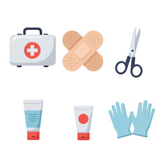 First aid kit essentials: box, bandage, scissors, antiseptic gel, cream, and gloves, arranged on a white background.