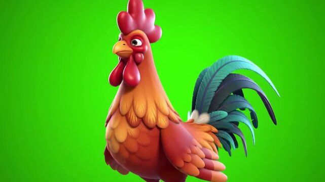 Animated 3d cartoon rooster rotating with vibrant green background for video content