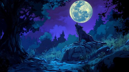 Wolf howling at full moon in forest