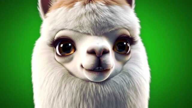 Animated adorable llama character dancing and expressing emotions on green background