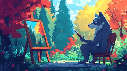 Wolf painting in autumn forest