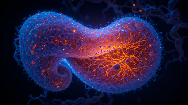A mesenteric tumor mass glowing orange/blue with fibrotic strands. Perfect for neuroendocrine oncology.