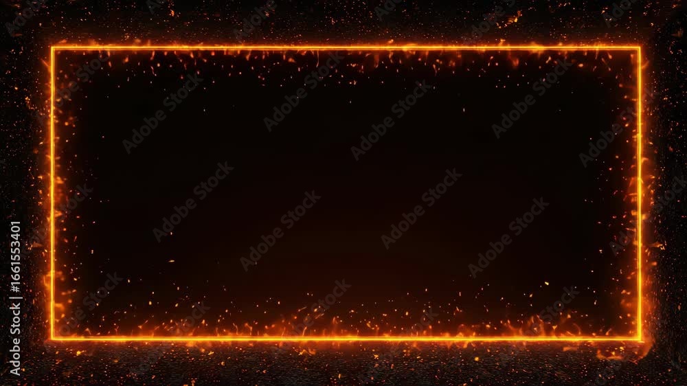 Poster fiery frame: a vibrant, luminous frame outlined by animated flames against a dark backdrop. sparks a