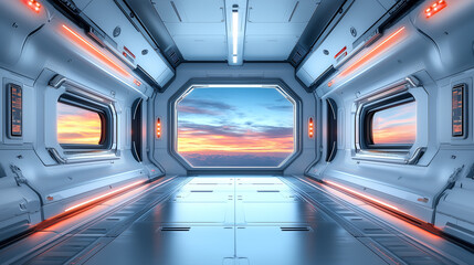 Fototapeta premium A bright futuristic spaceship corridor with a large window offers a stunning view of a colorful sunset sky.