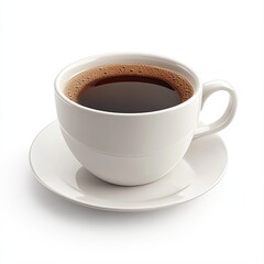 Fototapeta premium A full cup of dark coffee in a white ceramic mug and saucer