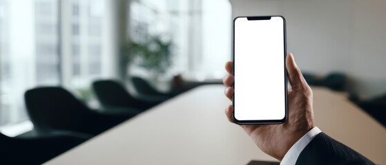 The smartphone held in a professional's hand in a modern office environment.