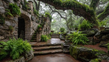 Naklejka premium Stone pathway shaded by large trees, with lush ferns and moss