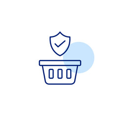 Verified purchase security, trusted shopping protection, secure checkout, approved transaction. Shopping basket, shield and checkmark. Pixel perfect, editable stroke vector icon