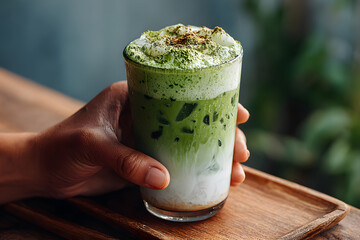 hand holding iced matcha latte drink in glass. Japanese green tea beverage. placed on wooden table with natural relaxing mood.