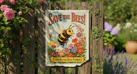 Charming "Save the Bees" Sign on Weathered Fence with Flowers and Garden Backdrop