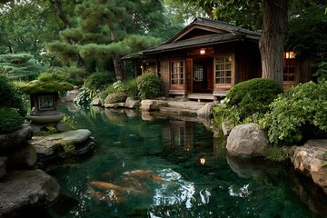 Calm Far Eastern Beverage House Adjacent To Ornamental Fish Basin

