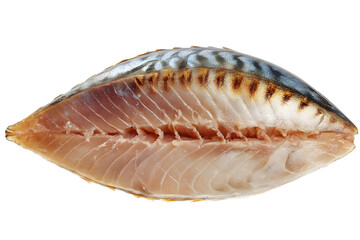 A close-up of a halved mackerel showcases the delicate layers of its flesh