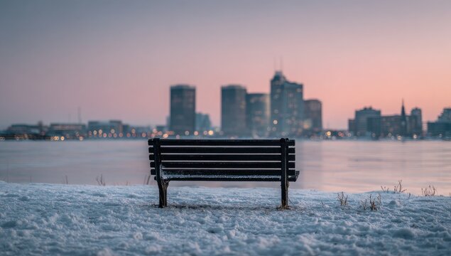 Empty park bench on snowy shore at winter sunset, cityscape in the background