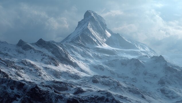 Snowy mountain peak, dramatic sky