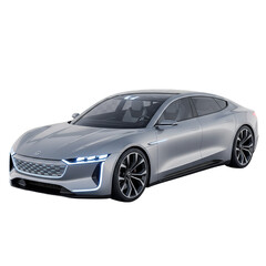 Fototapeta premium A 3D render of a futuristic, silver electric concept car or luxury sedan, isolated on a transparent background (PNG)