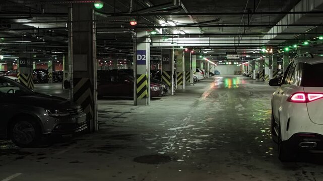 Modern underground parking lot indoors. White suv car with engine running and glowing taillights, black car drives away in background. Red and green lights. Camera moves to the left