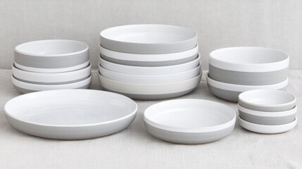 Elegant tableware arrangement featuring stacked ceramic bowls and serving dishes in subtle shades