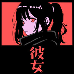 Pop art comic frame with ponytail dark-haired anime girl wearing scarf. Japanese slogan means girl. Good design for wallpaper, poster or t-shirt design
