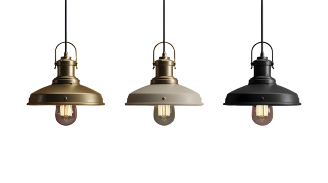 Industrial style pendant lamps in different colors on transparent background, lighting design
