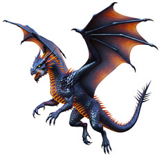 A fierce, dark-scaled fantasy dragon with glowing orange fire highlights, in a flying pose, isolated on a transparent background