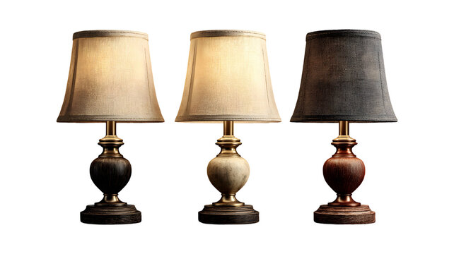 Elegant trio of table lamps featuring fabric shades against a transparent background
