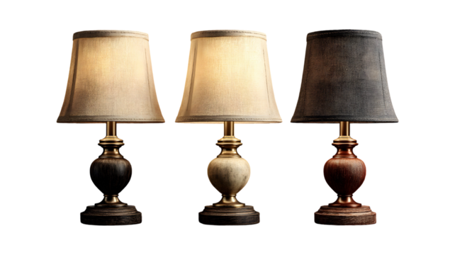 Elegant trio of table lamps featuring fabric shades against a transparent background - Powered by Adobe
