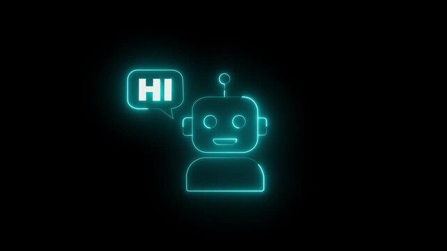 Glowing Neon robot Silhouette with Speech Bubble hi on Black Background. neon Chatbot hi icon symbol concept. Voice support service bot. AI Agents and AI driven messaging systems Communication Concept