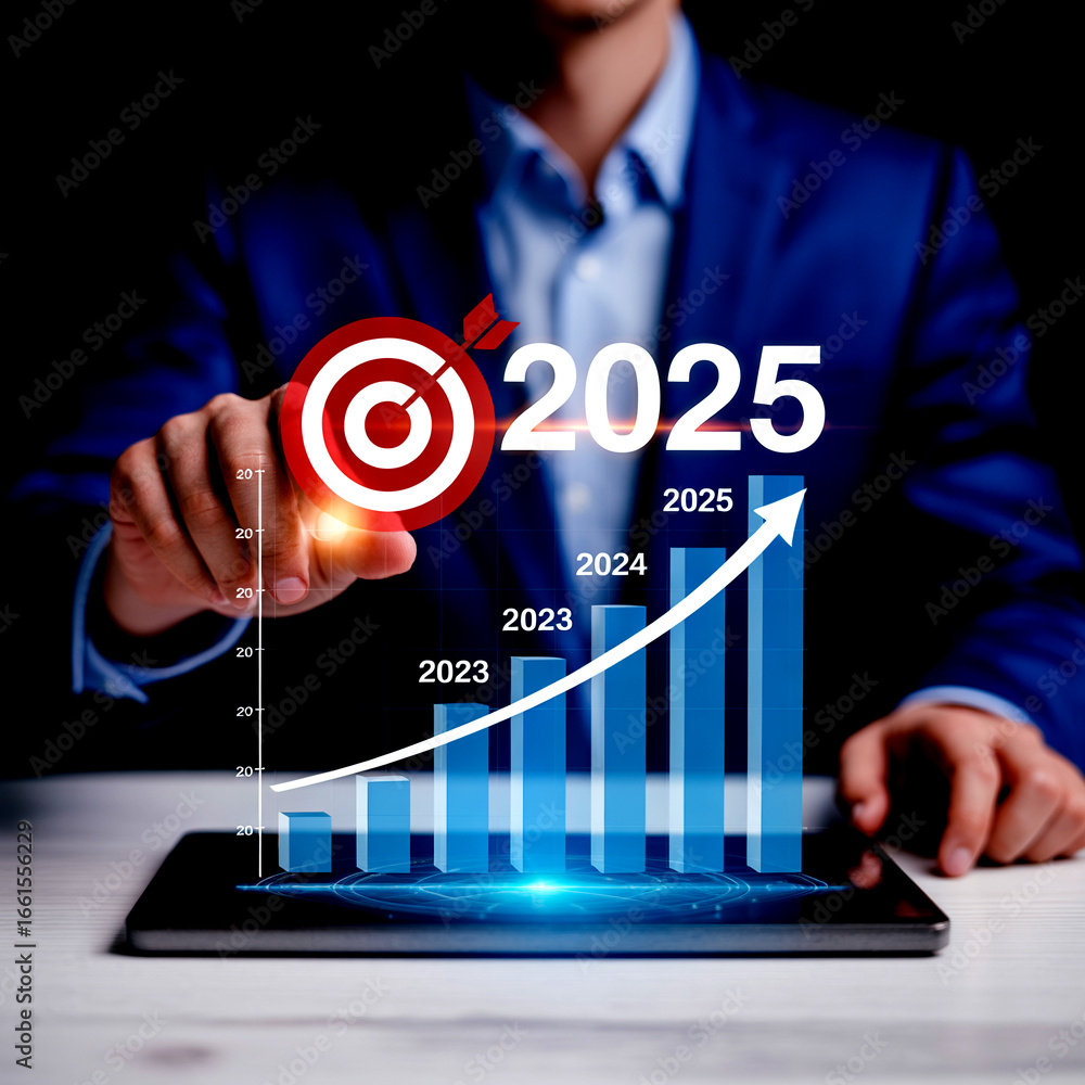 Poster business growth projection with targeting strategy showing increasing bar graph up to 2025 for corpo