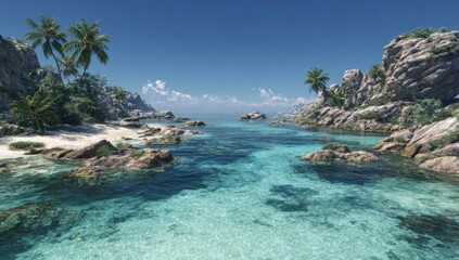 Fototapeta premium Sunny tropical cove with white sand beach and clear turquoise water. Lush palm trees and rocky outcrops
