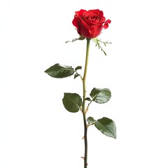 Single red rose on a long stem against white background
