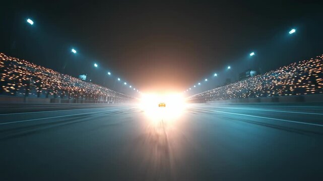 Racing Car on Track. A lone race car sits poised at the finish line, headlights gleaming, embodying speed, competition, and the thrill of victory under stadium lights.