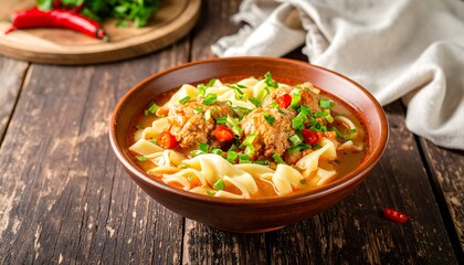 Hearty bowl of noodle soup with meatballs