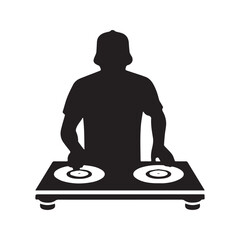 DJ silhouette at turntable deck. Disc jockey icon scratching vinyl records. Minimalist black and white vector for club, party, and music festival logo.

