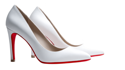 A striking pair of elegant white high heeled shoes featuring a vibrant glossy red sole. This sophisticated footwear showcases a classic stiletto design perfect for formal occasions.