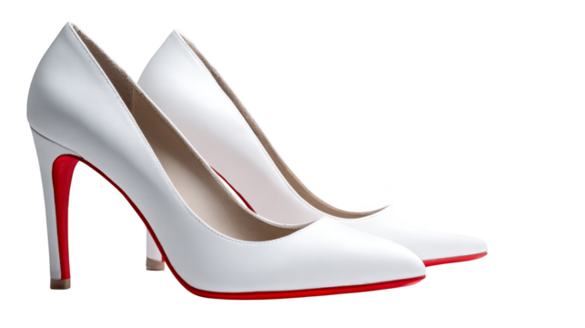 A striking pair of elegant white high heeled shoes featuring a vibrant glossy red sole. This sophisticated footwear showcases a classic stiletto design perfect for formal occasions.