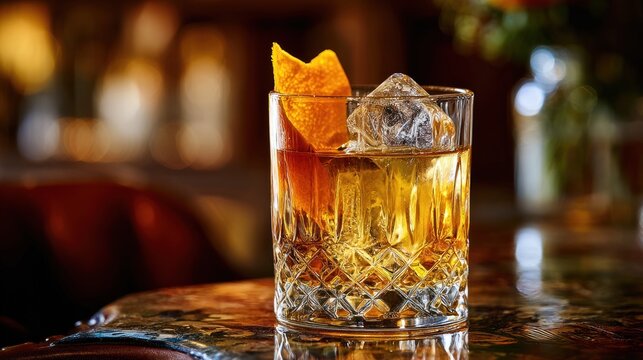 Golden cocktail garnished with orange