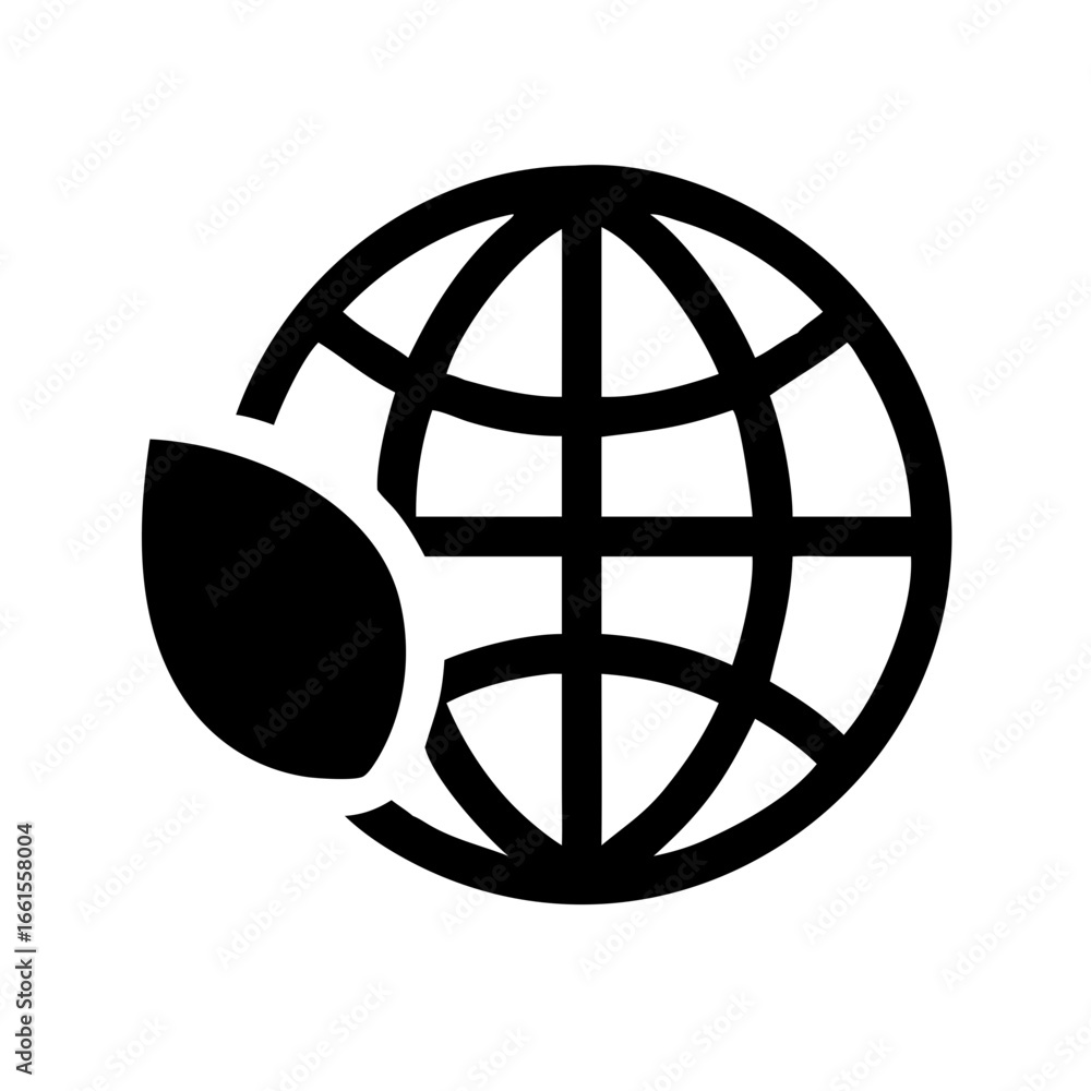Aufkleber illustration of a globe with grid lines and a leaf shape on the side in solid black color scheme