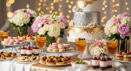 A dessert table with a cake, macarons, fruit tarts, drinks, and flowers under string lights
