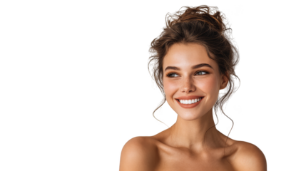 A captivating close up portrait of a cheerful young woman with a radiant genuine smile lighting up her beautiful face exuding pure happiness and positive energy.