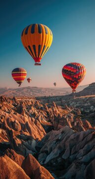 Hot air balloons over Cappadocian landscape at sunrise