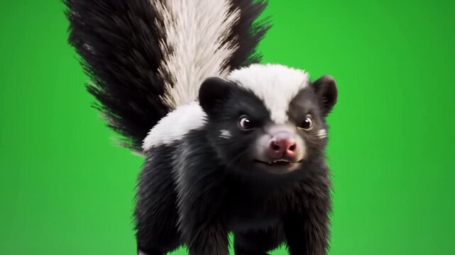 Close up sequence of a black and white skunk walking on a green screen background in high definition