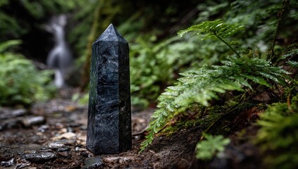 Dark obsidian crystal point in a lush forest setting