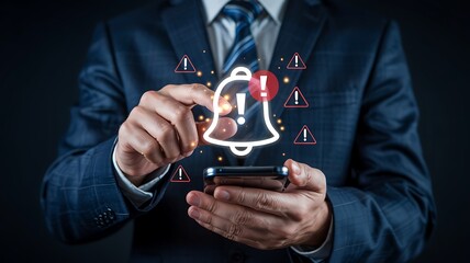 Businessman interacting with a glowing digital notification alert icon on a smartphone screen representing important alerts and communication
