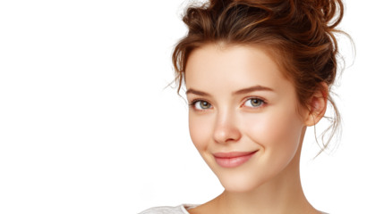 A captivating portrait of a cheerful young woman with her hair styled in a casual messy bun showcasing a genuine and radiant smile that lights up her features.