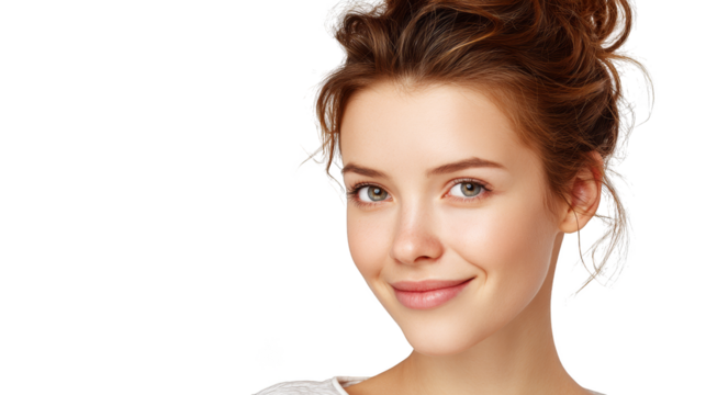 A captivating portrait of a cheerful young woman with her hair styled in a casual messy bun showcasing a genuine and radiant smile that lights up her features.