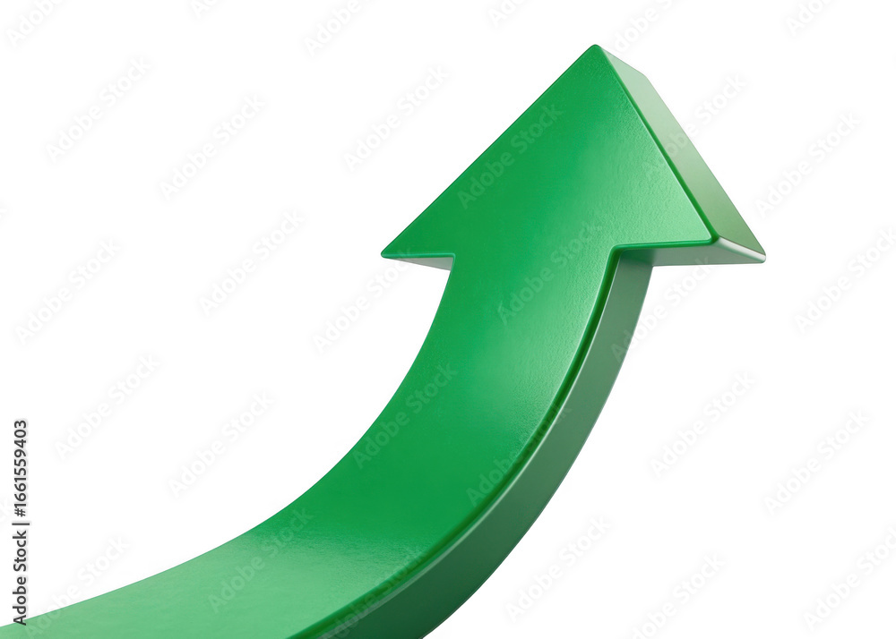 Poster a shiny green arrow showing upward growth and progress isolated on transparent background