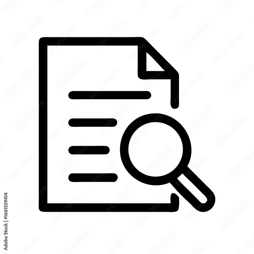 Poster document search icon showing a sheet of paper with text lines and a magnifying glass for investigati